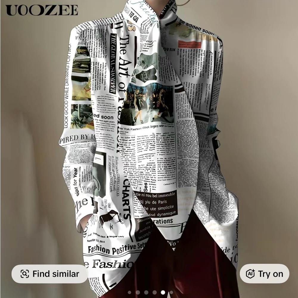 Newspaper Print Tie-Neck Blouse - White/Black
